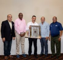 Norceca president Cristóbal Marte; Amós Anglade, the tournament’s general coordinator and president of AA Marketing Sports Event; Carlos Jiménez Ruiz, director of sports development for the Caribbean of the Lopesan Hotels Group; Ernesto Veloz, president of the Organizing Committee and Asoleste; and Alexis García, president of the Dominican Federation of Volleyball.